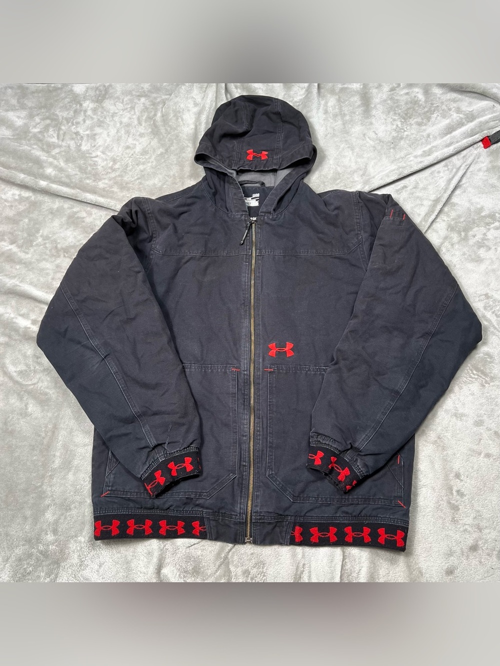 Under Armour Storm Canvas Hooded Jacket Mens L Black Warm Fleece Lined Storm no